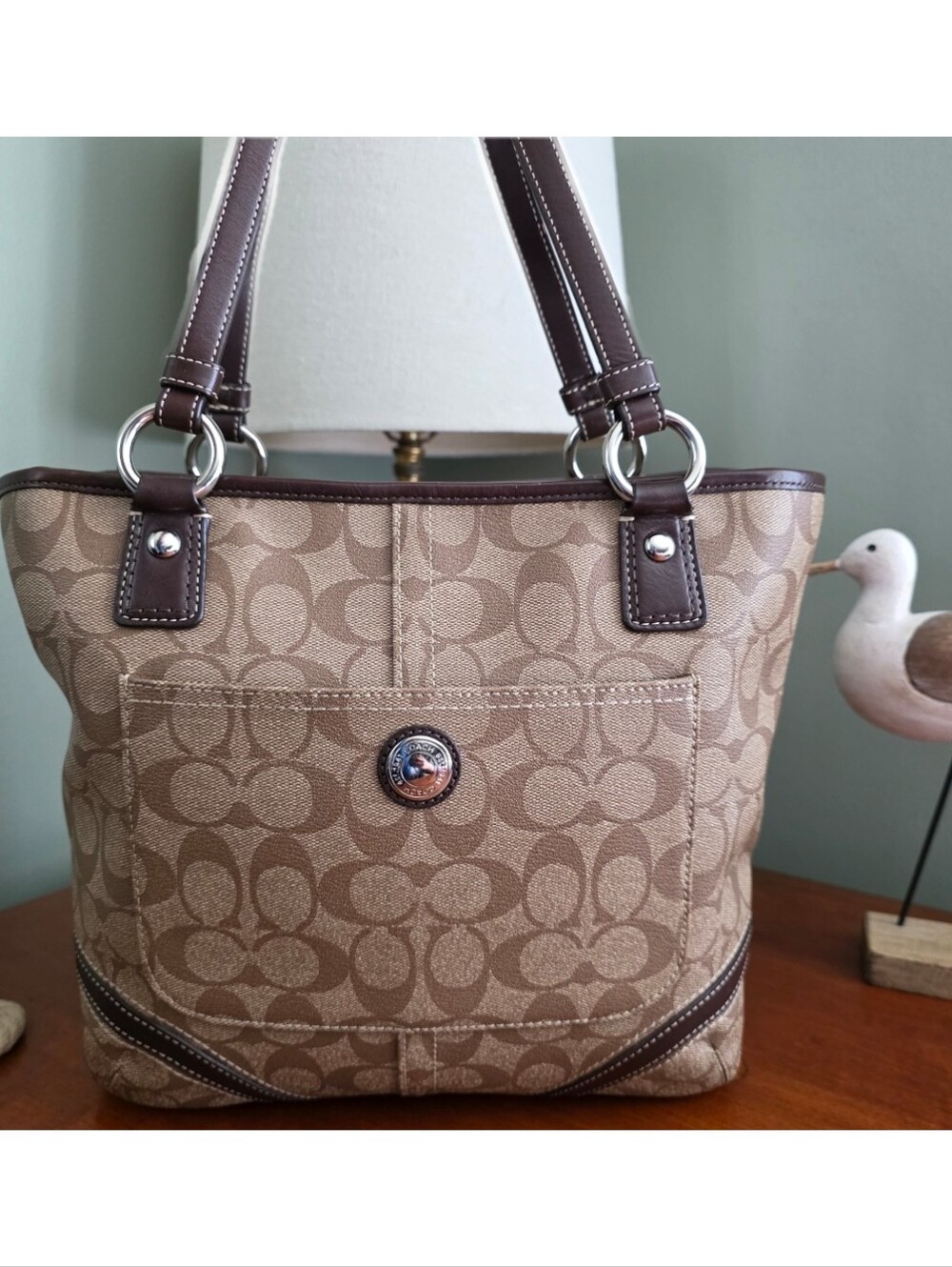 Coach F18393 Peyton Signature Tote Khaki Mahogany Coated Canvas Leather Bag Y2K